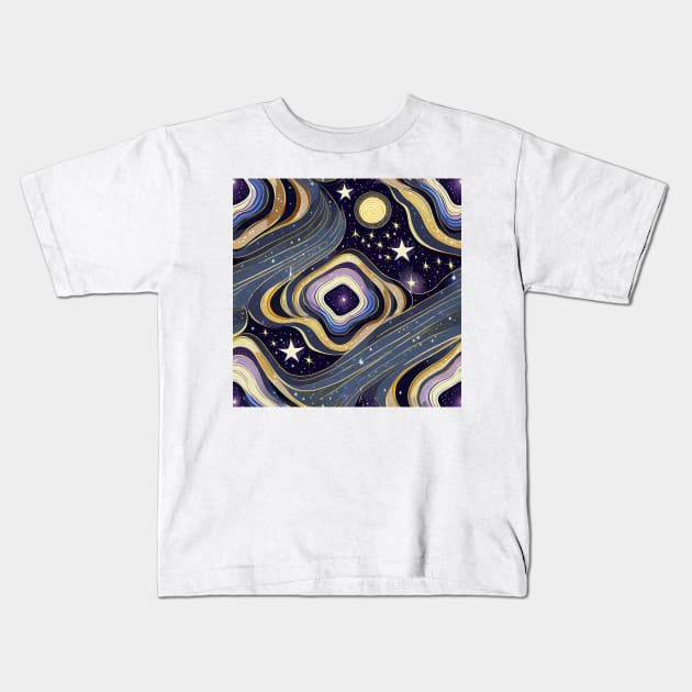 Geometric pattern of curved seamless stripes making a starry night with galaxy and stars Kids T-Shirt by mooonthemoon